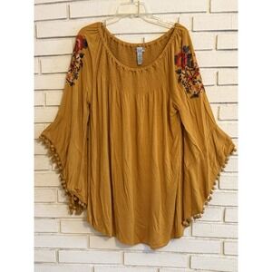 Studio West Peasant Blouse Smock Neck Embroidered Top Size 1X Boho Tassels